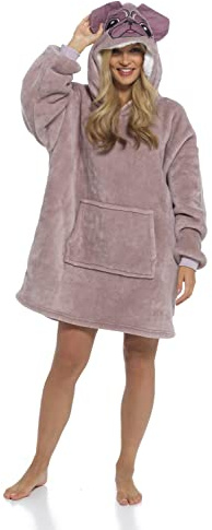 Slumber Hut® Peignoir à capuche en polaire pour femme Motif carlin Taille 36 38 40 42 44 46 48 50, Sweat à capuche Motif carlin Marron, Taille unique