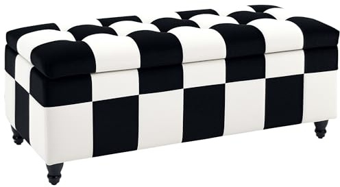 HOMCOM 114 x 47 x 47cm Velvet Storage Ottoman, Button-tufted Footstool Box, Toy Chest with Lid for Living Room, Bedroom, White and Black