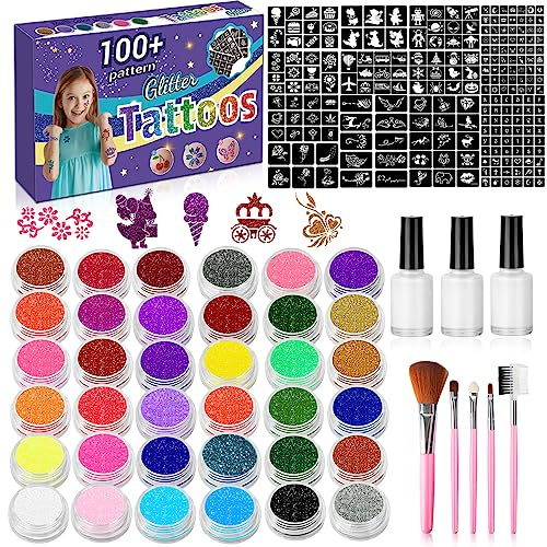 Glitzer Tattoo Set - 36 Farben,Temporäre Tattoo Glitzer für Kinder,Glitzer Make-up Kit für Mädchen,222 Schablonen,3 Klebstoffen, für Geburtstag Karneval.
