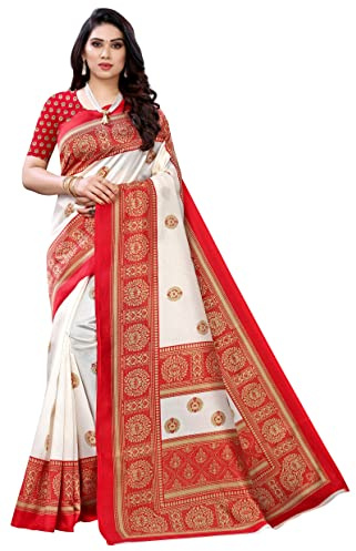 IMTRA FASHION Sari etnico indiano con arte in seta stampata e parte superiore della blusa non cucita, Bianco/Rosso, L
