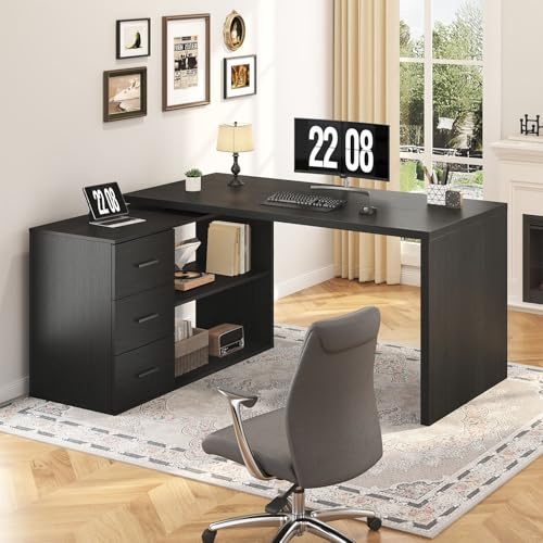 HSH 140cm Schreibtisch Schwarz L Form Modern Umkehrbarer Eckschreibtisch | Modern Computertisch mit 3 Schubladen und 2 Regalen für Büro, Bürotisch mit Stauraum für Homeoffice