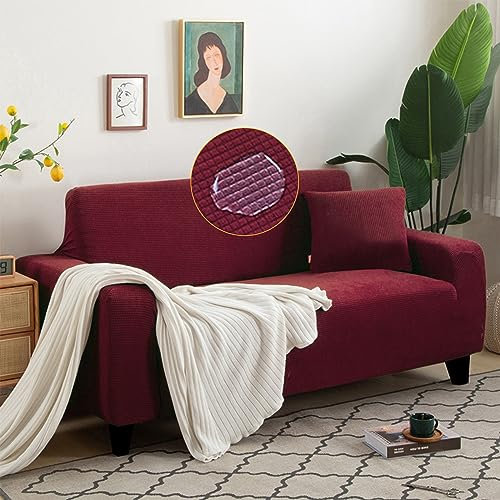 AYLFBFU Wasserdicht Sofa Cover Hundehaustiersicherer Dicker Plüsch Sofahusse 4 Sitzer Waschbar, rutschfest, Knitterfrei, Sofa Saver mit Anti-Rutsch-Gummizug, Weinrot (1 Stück)