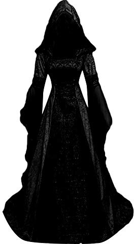 Cosplay Kostüm Damen Halloween Mittelalter Kleid Lang Bodenlanges Cocktailkleid mit Kapuze Korsett Gothic Kleider Elegante A-Linie Partykleid Trompetenärmel Abendkleid Frauen Ballkleid