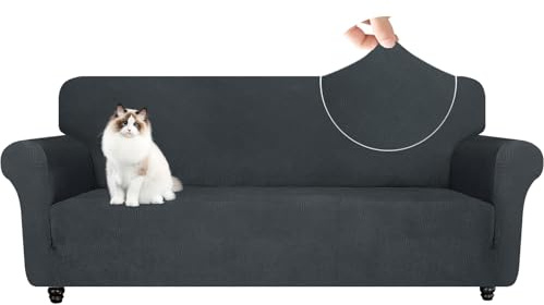 YSTELLAA Stretch Sofa Überzug 3 Sitzer, Elastisch Sofabezug Mit Armlehnen, Jacquard Sofaschoner rutschfest, Universal Sofa Cover Moderne, Couchüberzüge Sofahusse Für Katze Hund, Dunkelgrau
