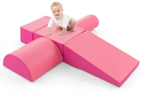 HONEY JOY 5-Piece Climb and Crawl Playset, Soft Climbing Foam Block Activity Play Structure Gym Equipment for Infant Baby, Color Coordination, Waterproof Indoor Climbing Toys for Toddlers (Pink)