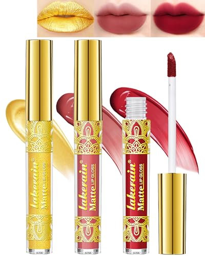 3Pcs Flüssigkeit Samt Lippenstift Set, Rosa Rot Gold Hochpigmentiert Matt Lipgloss, Wasserfest Lippenstift Langanhaltend 24 Stunden Halt, Kussechter Non-Stick Cup Lipstick Make-up für Weihnachten-05#