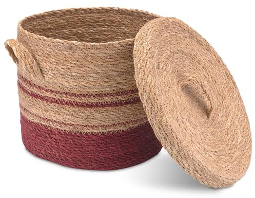 Decorasian Seegras Korb mit Deckel – Wäschekorb geflochten – dekorative Körbe zur Aufbewahrung im Boho Stil - M
