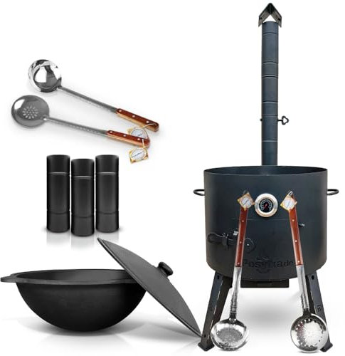 Utschak Feuerofen mit Verlängerungsrohr Thermometer Gusseisen Topf runder Boden mit Deckel (22 L) Schaumlöffel x3Stk KazanoFF, Учаг, Kazan Outdoor, Feuerschale, Camping, Kasan(Set 22-2R 1)