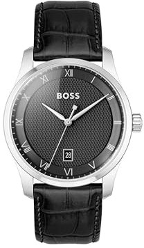BOSS Three Hand Quartz Movement Watch for Men Principle Collection with Black Leather Strap - 1514122