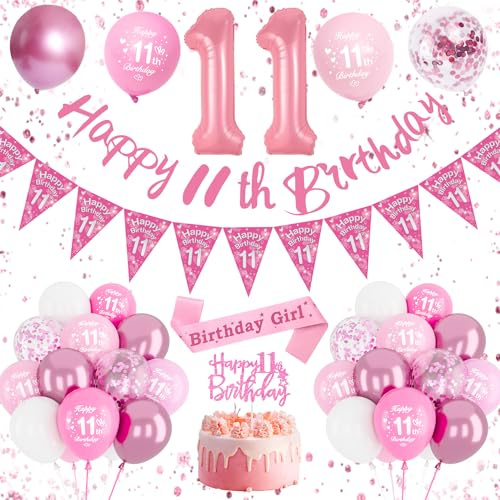 Decoracion Cumpleaños 11 Rosa, Globo 11 Años Cumpleaños | Globos Números 11, 11 Años Cumpleaños Feliz Niña, Globos Confeti y Pancarta Feliz Cumpleaños, Adornos Cumpleaños Niña