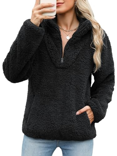 Tuopuda Pullover Damen Sweatshirt Herbst Winter Flauschig Pulli Fleece Weich Langarmshirt mit 1/4 Zip Taschen Langarm Locker Oberteile Tops Shirts Winterpullover ohne Kapuze