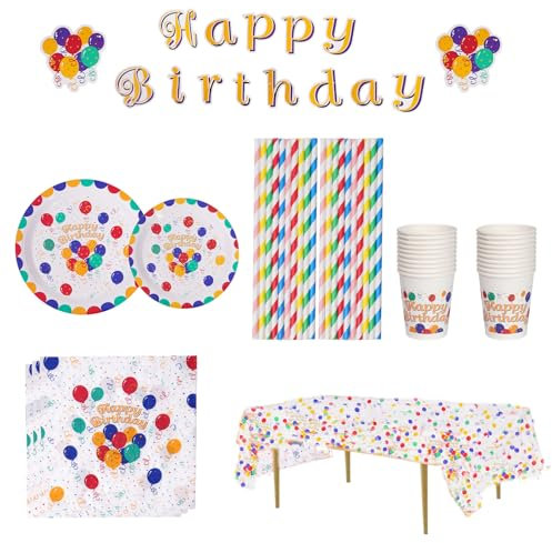 Partygeschirr-Set, Geburtstagsparty-Zubehör, PYGHAP farbige Luftballons, Pappteller-Set – Teller, Becher, Servietten, Strohhalme, Tischdecken, Partygeschirr für Babypartys, Hochzeit, Geburtstag, 20