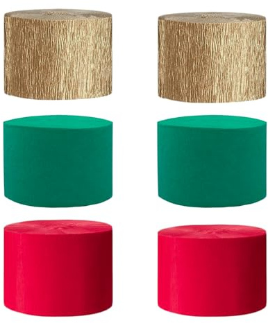 BORFUE 6pcs Christmas Crepe Paper Streamers Rainbow Party Streamers Green Red Gold Crepe Paper Roll Streamer for Festival Party Christmas Decor