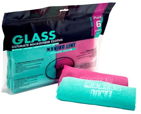 Ma-Fra, Maniac Car Detailing Line, Glass Ultimate Microfiber Cloths, Panni Professionali in microfibra per la Pulizia Interna ed Esterne di Vetri e Cristalli Auto, Finestrini, Parabrezza, Pacco da 6