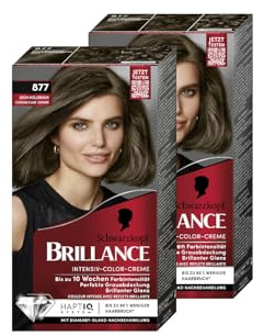 Brillance Intensiv-Color-Creme 877 Asch-Hellbraun (2x 170 ml), dauerhafte Haarfarbe mit Diamant-Glanz und Pflege-Conditioner, Coloration für 10 Wochen Farbintensität und 100% Grauabdeckung