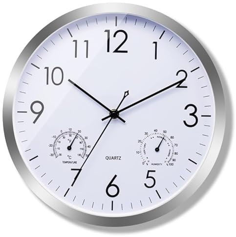 Quarz-Wanduhr mit Temperaturanzeige und Hygrometer 30cm Ohne Tickgeräusche Geräuschlose Sweep-Bewegung Leicht Ablesbare Wanduhr für Zimmer Büro Schule Küche (Silber weiß)