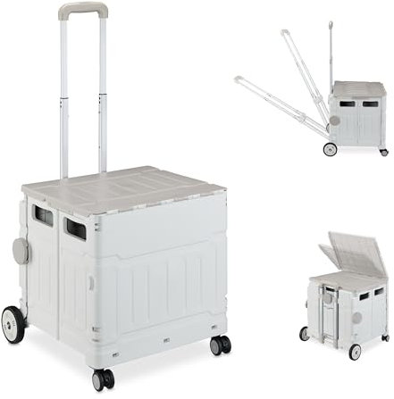 Relaxdays Einkaufstrolley, klappbar, Einkaufskorb mit Rollen, Deckel & neigbarem Teleskopgriff, bis 50 kg, grau/weiß