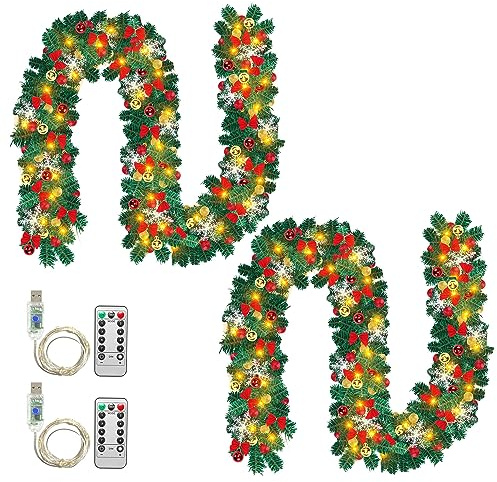 Fiqops Weihnachtsgirlande mit Beleuchtung, 2er 5m 100 LEDs Warmweiß inkl.Deko und Fernbedienung, Künstliche Tannengirlande USB 8 Modus Lichterketten, Weihnachtsdeko für Kamine Treppen Wand