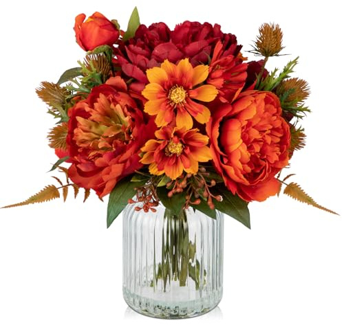 Hollyone Kunstblumen in Vase Orange Rot Künstliche Pfingstrosen mit Glasvase Kunst Chrysanthemen Dekoblumen Herbst Dekoration Seidenblume für Home Wohnzimmer Bad Tischdeko