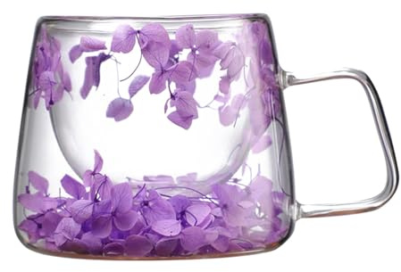 Générique Tasses Double Paroi Avec Fleurs Séchées, 200ml Tasse En Verre À Double Paroi, Tasse À Café, Tasse À Fleurs Sèches Avec Poignée, Violet