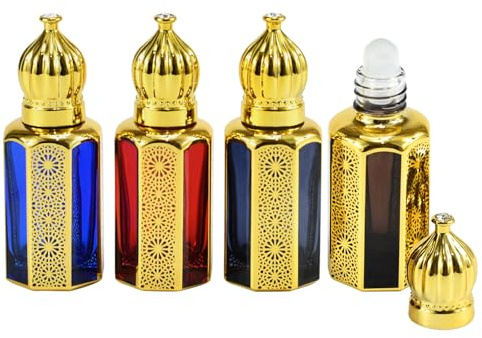 CHSEEO 4 PCS Essential Oil Roller Bottles, 12ml/0.4oz Refillable Empty Vintage Roller Ball Bottles for Essential Oils, 4 Colors Rollerball Egyptian Arabic Style