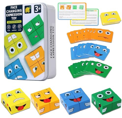 YeaHapiday Holzwürfel-Puzzle, Gesichtspuzzel, Bauwürfel, interaktives Spiel, Mastermind-Spiel, 3D-Montessori-Face-Changing-Cube