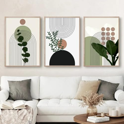 LMYCHENG 3-teiliges modernes abstraktes Wandbild mit grünen Pflanzen, Blättern und Sonnenlinien, Boho-Poster, Drucke, Bilder, Leinwandgemälde für Wohnzimmerdekor, 80 x 120 cm x 3 Rahmen