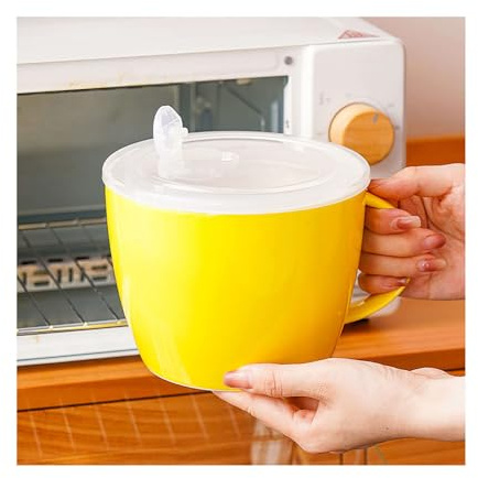 XLDZ Extra Large Ceramic Ramen Bowl with Lid - 1200ML Microwave Safe, Ergonomic Handle Noodle Mug for Students & Office Workers, for Quick Meals(Yellow)