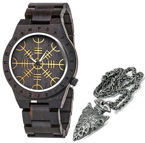 ZFSBRTL Herren Holzuhr, Wikinger Symbol Helm der Ehrfurcht Nordic Rune Vegvisir Handgefertigte Geometrische Kreative Quarzuhren Verstellbares Runenkreis Armband,Schwarz