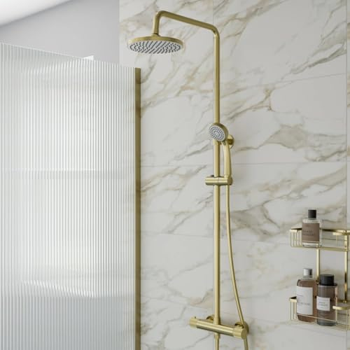 Baystone® Fluted Thermostatic Mixer Shower Set with Rainfall Head Adjustable Riser Rail Handset Hose Exposed Bar Valve Showers Round, Brushed Brass