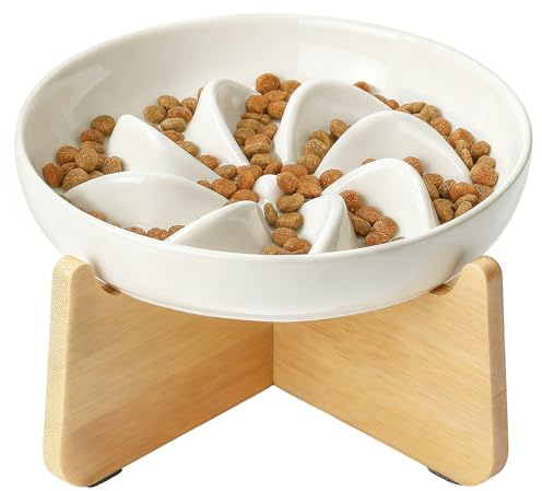 PETTOM Comedero Ingesta Lenta para Gatos Ansiosos - Cuenco con Obstáculos para Prevenir Obesidad Ralentizar Comida（Flor Blanca con Soporte）
