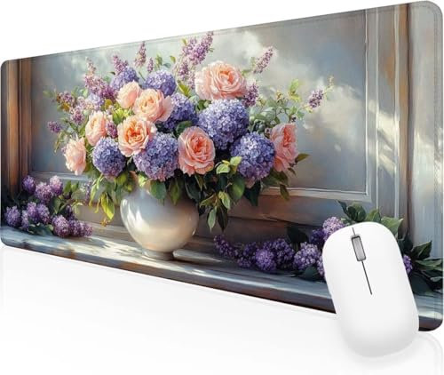 Rose Fleur Tapis de Souris XXL 1400x600x3mm Grand Tapis de Souris Accessoire Bureau, Surface Douce et lisse et Base en Caoutchouc Antidérapante, Améliorer la Précision et la Rapidité, pour Gamer J-655