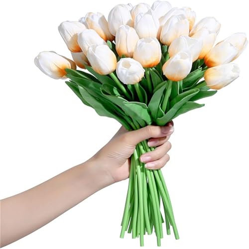 30pcs Artificial Tulip Faux Flowers for Home Table Centerpieces Decor Party Wedding Mother's Day(Champagne)