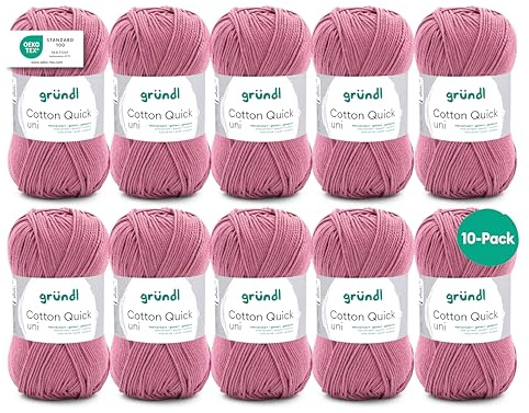 Gründl Wolle Cotton Quick uni Häkelgarn 10 Knäuel 50 g, altrosa | dünne Wolle zum Häkeln - Strickgarn - Häkelgarn - Glänzend und hautfreundlich - 100 % Baumwolle - 50 g / 125 m