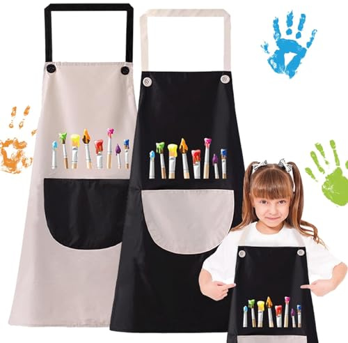 2 Stück Malschürze Kinder, Wasserdicht Malkittel mit Taschen, Verstellbare Kinderschürze für Jungen & Mädchen, Schürze Kinder Schule für Basteln, Malen, Backen, Kochen (7–12 Jahre) (Schwarz + Grau)