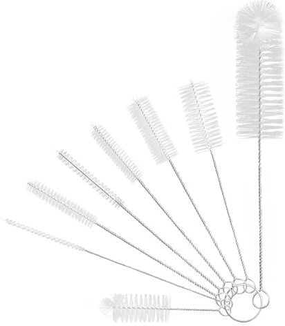 Set di 8 spazzole per la pulizia, in nylon, perno, adatte per bottiglie di vetro, teiere, beccucci, cannucce, fessure per tastiere, spazzola per pulizia.