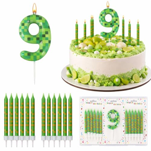 Dncvb Pixel Bougie de gâteau d'anniversaire thème mineur décorations de gâteau numéro 9 vert numéro bougie d'anniversaire pour jeu vidéo fournitures de fête décoration