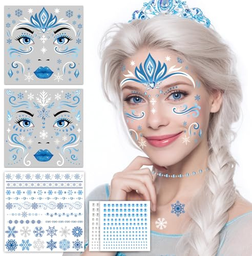 Eiskönigin Gesichtstattoo Karneval, 6 Stück EIS Prinzessin Temporäres Glitter Gesichtstattoo Kinder & Erwachsene, Frozen Prinzessin Schneeflocken Kostüm Zubehör für Fasching, Karneval & Motto Partys