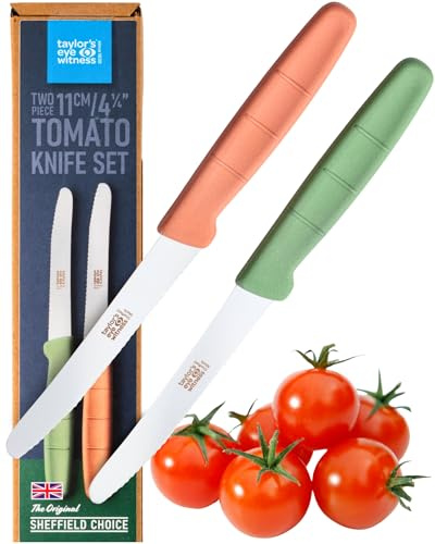 Taylors Eye Witness Sheffield Made Serrated Tomato Knife - Set of 2 Heavy Duty & Razor Sharp Kitchen Knives with Precision Ground Stainless Steel Blade. Ergonomic Fibre Grip Handle. Dishwasher Safe