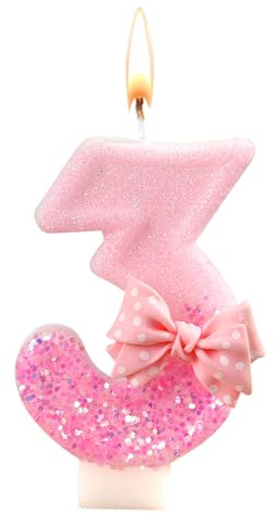 Ovanda Kerze 3 Geburtstag Mädchen,Kerze Rosa Tortendeko für Tortendeko | Aus Wachs, ca. 7 cm lang, mit Schmetterling-Pailletten und rosa Design; für den 3. Geburtstag und Tortendeko.