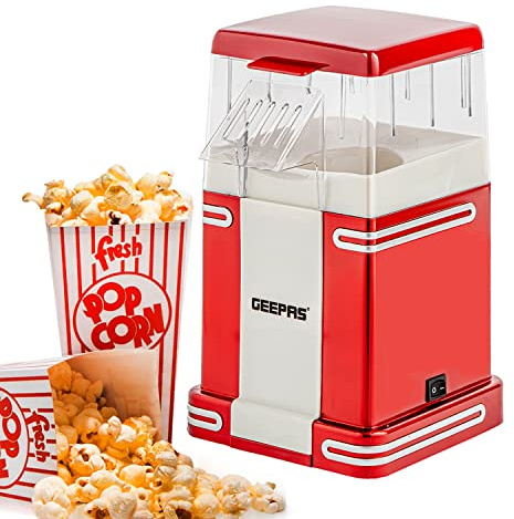 Geepas 1200W Electric Popcorn Maker Machine | Makes Hot, Fresh, Healthy and Fat-Free Theater Style Popcorn Anytime | On/Off Switch, Attractive Design & Oil-Free Popcorn Popper (Renewed)