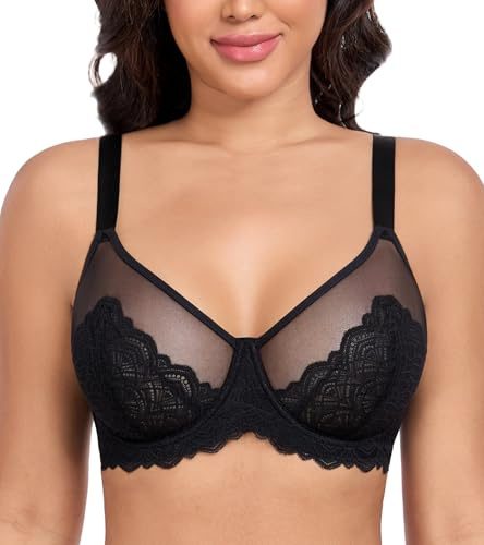 DotVol Women's Unpadded Lace Trim Minimizer Bra for Large Busts Full Coverage Underwire Plus Size Everyday Bra(Black,40E)