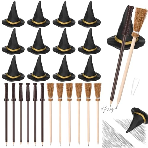 Fuyoooo 24 Pcs Witch Party Favors Set with 12 3D Small Witch Hat Eraser 12 Broom Broomstick Pencils for Party Favors Gifts Decoration Kids Classroom Reward Supplies (Wand Pencil,Brown)