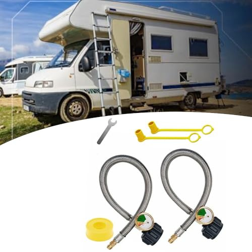 Gettimore 38,1 cm Edelstahl für geflochtenen Wohnmobil-Propanschlauch mit Manometer, 35,6 cm NPT-Außengewinde QCC1 Armaturen, 2 Stück