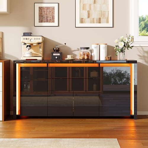 FEEOHOME Sideboard, Aufbewahrungsschrank mit LED, verstellbar, für Erwachsene mit 2 Schubladen und 4 Türen, multifunktionaler Küchenschrank für Esszimmer, Wohnzimmer, 160 x 35 x 75 cm
