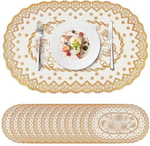 fanquare Tovagliette Ovali PVC Oro con pizzo Traforato,12 pezzi Tovagliette da Tavola Eleganti Lavabili Impermeabili Antiscivolo per Cucina Matrimonio e Arredamento Casa