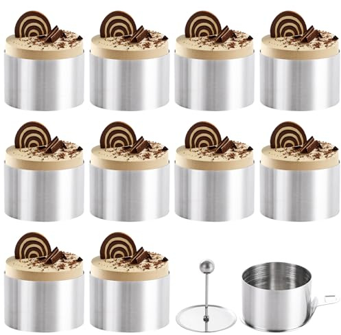 Ghligna 10pcs Cake Ring Set, 8x5cm Stainless Steel Mousse Ring Mini Cheesecake Moulds with Food Press & Spatula, Frost Form Cooking Rings for Crumpets, Cookies and Eggs, Dessert