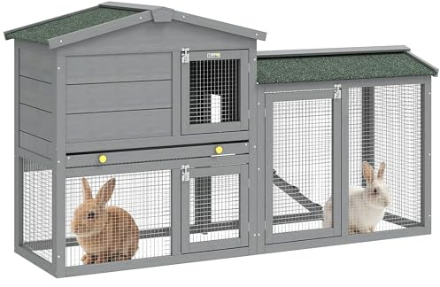 PawHut Conejera de Madera de 2 Niveles, Jaula para Conejos Grande con Techo Asfáltico, Bandeja Extraíble y Escalera, Conejera para Exterior, para Cobayas y Hámsteres, 150x45x85 cm, Gris