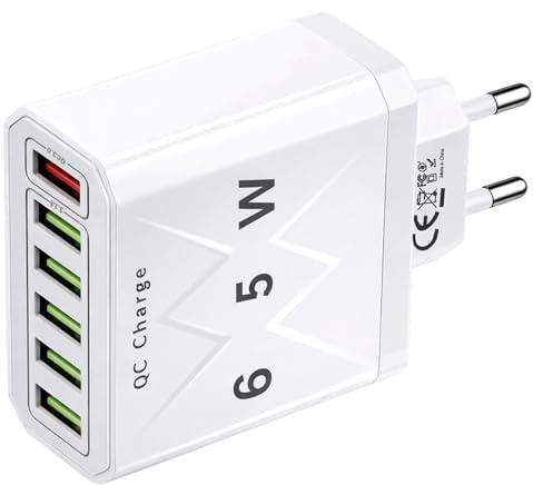 Cargador USB Múltiple 65W con 6 Puertos, QC 3.0 + 5 USB 5V/3.1A | Estación de Carga Rápida Cargador Móvil Carga Rápida para iPhone 15/14/13/12/11, Galaxy S24/S23/S22, iPad, Tablet