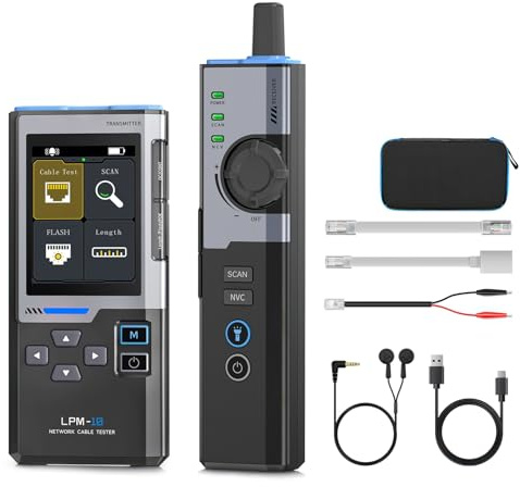 LPM-10 Probador de Cables de Red, Comprobador de Cable de Red y Ethernet Localizador de Cables RJ45/RJ11, Prueba PoE, NCV, Prueba de Crimpado, Test de Velocidad de Red y Longitud, Parpadeo de Puertos